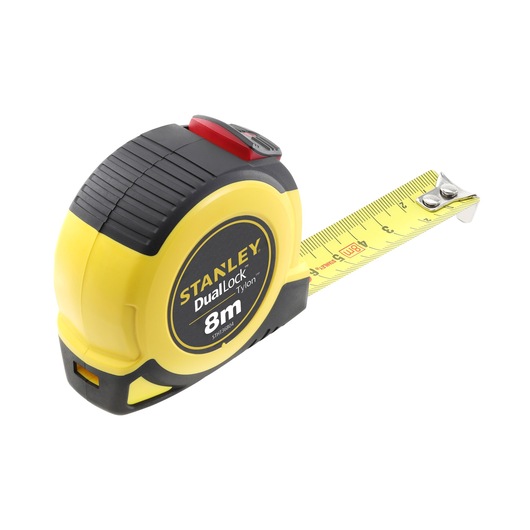 STANLEY STHT36804-0 tape measure, yellow and black, 8m dual lock, angled on white background.