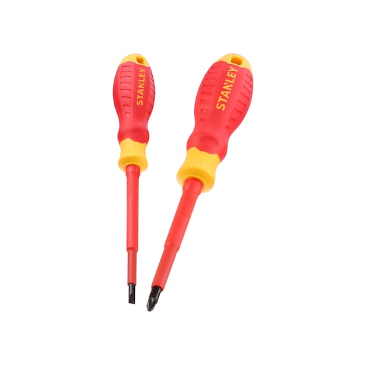 STANLEY STHT60030-0 insulated screwdriver set, red and yellow, front angle, two pieces.