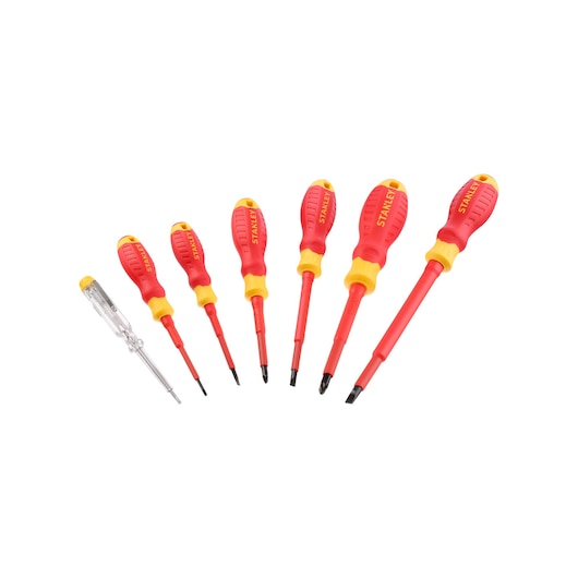 STANLEY STHT60031-0 screwdriver set, red and yellow handles, front view, seven pieces on white background.