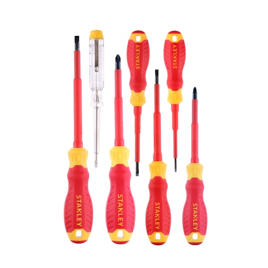 Stanley STHT60031-0 screwdriver set with red and yellow handles, front angle, on white background.
