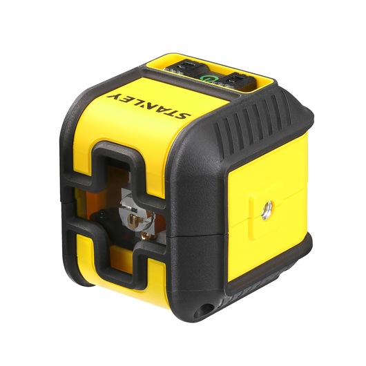 STANLEY STHT77499-1 yellow and black laser level, angled view, compact cube design.