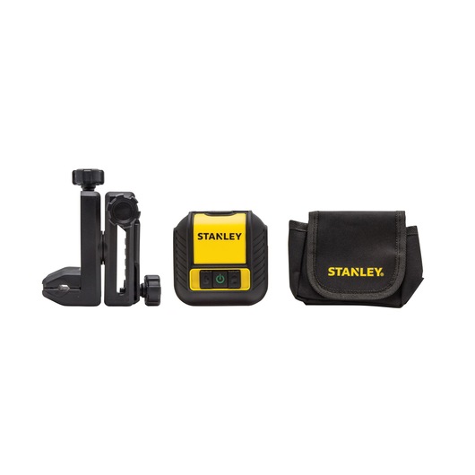 Photo of STANLEY STHT77499-1 yellow and black laser level kit with bracket and pouch, front angle.