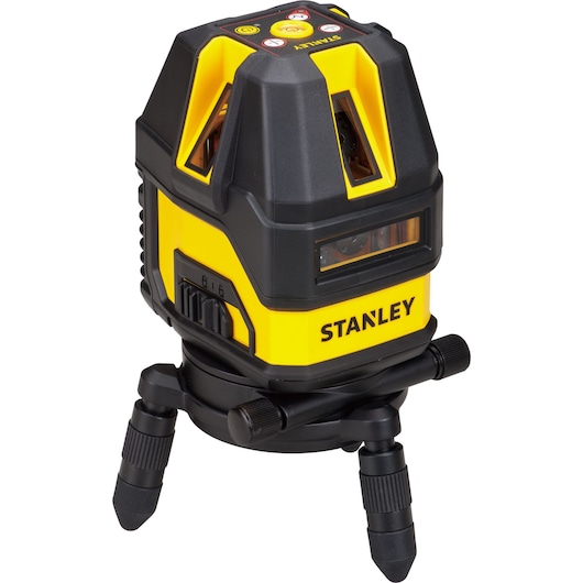 STANLEY STHT77514-1 multi-line laser level, yellow and black, tripod base, front angle photo.