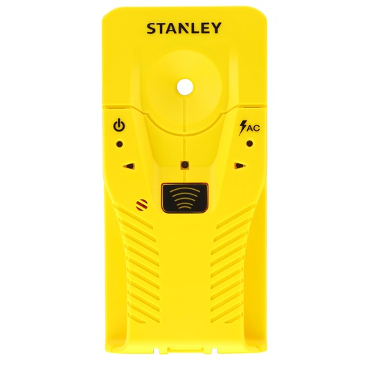 STANLEY STHT77587-0 yellow stud finder, front view with buttons and symbols visible.