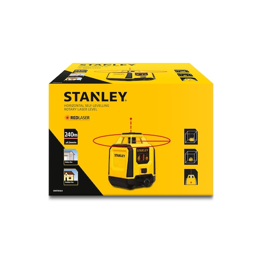 Photo of STANLEY STHT77616-0 rotary laser level packaging, yellow box with product image and specifications, front angle.