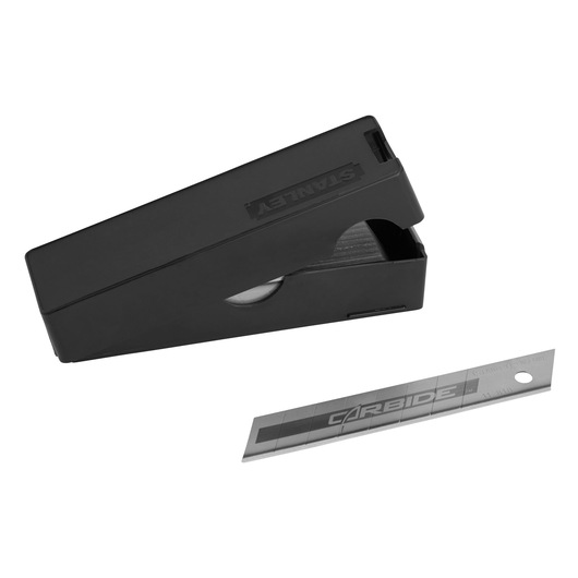 STANLEY STHT8-11818 black blade dispenser with a single silver carbide snap-off blade, front angle.