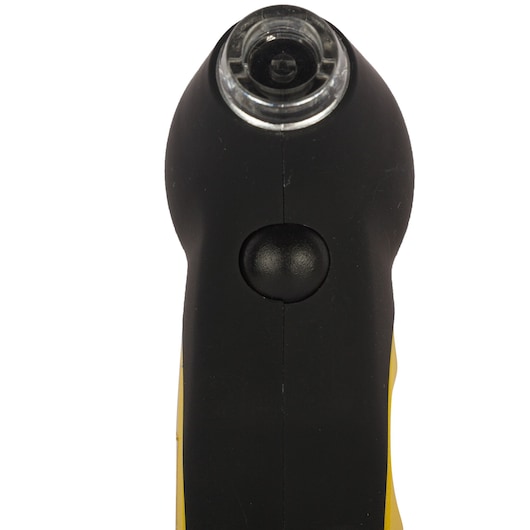 STANLEY STHT80874-0 black and yellow tool handle, top view, showing circular opening and button.