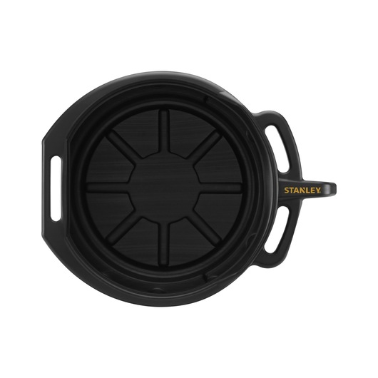 STANLEY STHT80878-1 black round oil drain pan with handles, top view, photography on white background.