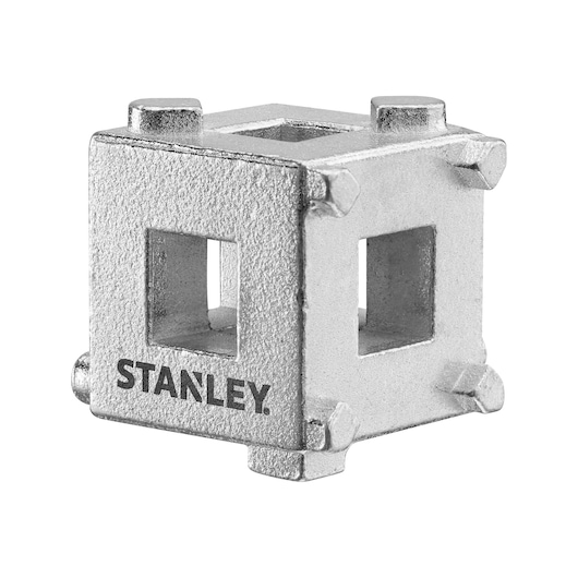 STANLEY STHT80883-0 metal square measuring cube, front angle, silver finish, photography on white background.