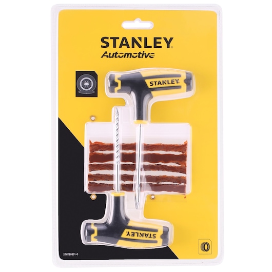 STANLEY STHT80891-0 automotive tire repair kit with two T-handle tools and brown repair plugs, front view on white.