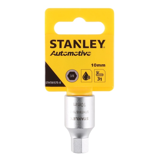 STANLEY STHT81575-0 automotive 10mm socket, silver finish, front angle, photography product category