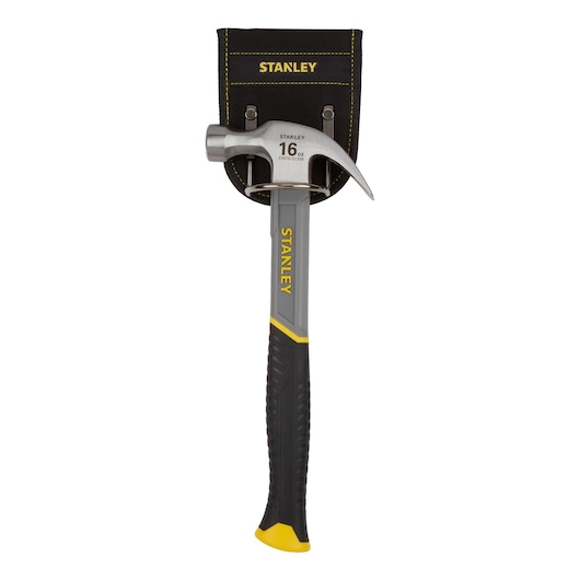 STANLEY STHT9-51309 hammer with black and yellow holder, front view on white background.