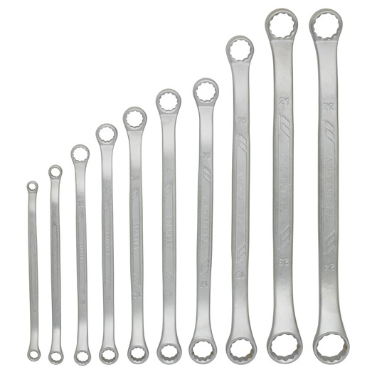 Set of ten double-ended ring spanners in assorted sizes, arranged from smallest to largest.