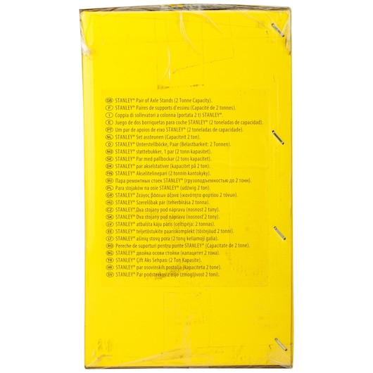 Photo of STANLEY SKU STMT81255-1 yellow packaging box showing multilingual product information for axle stands.