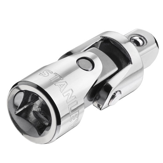 STANLEY STMT86011-0 chrome universal joint socket adapter, close-up on white background.