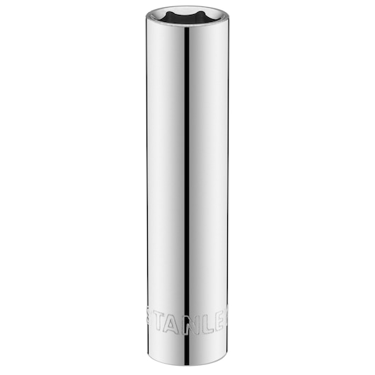 STANLEY STMT86096-0 chrome deep socket tool, cylindrical shape, front angle, on white background.
