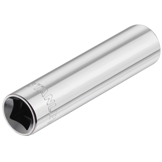 Photo of STANLEY STMT86096-0 chrome finish deep socket, tool angled on white background.