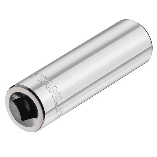 STANLEY STMT86098-0 chrome socket, cylindrical, front angled view, tool accessory on white background.
