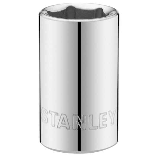 STANLEY STMT86107-0 chrome socket, vertical angle, engraved logo, hand tool accessory.