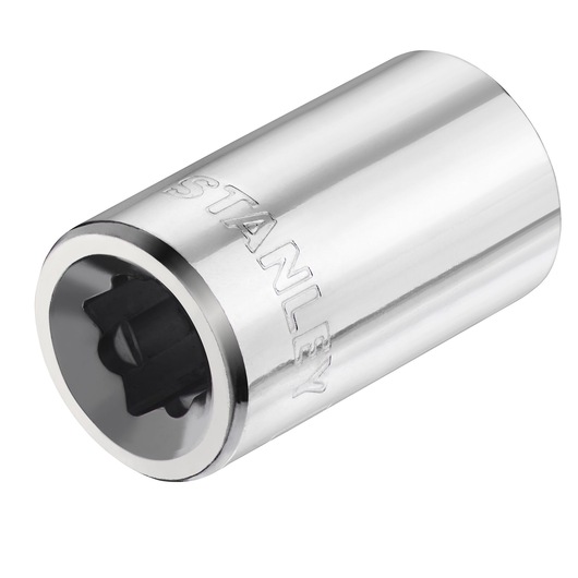 STANLEY STMT86107-0 chrome socket, close-up angled on white background, hand tool accessory.