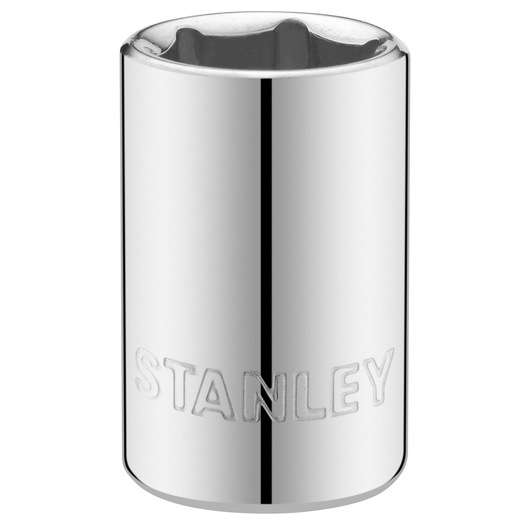 STANLEY STMT86108-0 chrome socket, cylindrical design, front angle, clear brand logo, white background.