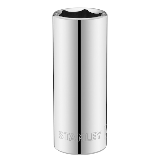 STANLEY STMT86289-0 chrome long socket, front angle, tool photography.
