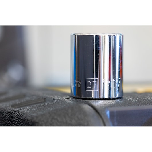 STANLEY STMT86312-0 chrome socket, 27mm size, close-up angle, photography tool accessory.