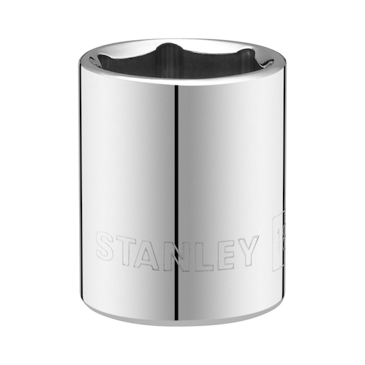 STANLEY STMT86313-0 chrome socket, cylindrical, with embossed logo, product photography on white background.
