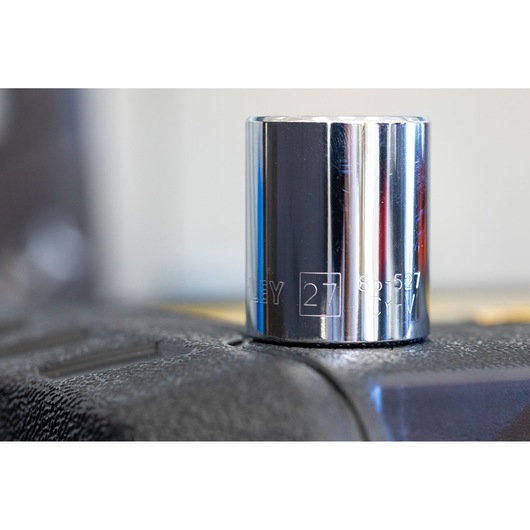 STANLEY STMT86314-0 chrome socket, 27mm, close-up photography on textured surface.
