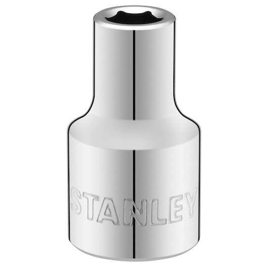 STANLEY STMT86508-0 chrome socket, front view on white background, compact cylindrical hand tool accessory.