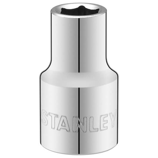 Photo of STANLEY STMT86510-0 chrome socket, embossed logo, tool photography, front angle on white background.