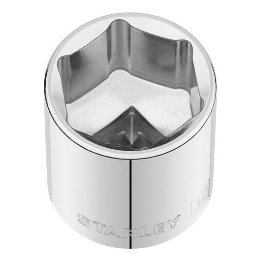 STANLEY STMT86530-0 chrome socket, 30mm, top angle, hex design, tool accessory on white background.