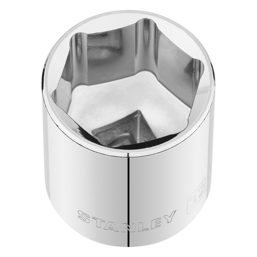 STANLEY STMT86532-0 chrome socket, top angle, shiny six-point design, hand tool accessory.