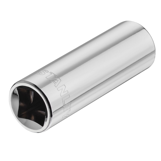 STANLEY STMT88993-0 chrome deep socket, side angle photo, tool accessory for ratchets.