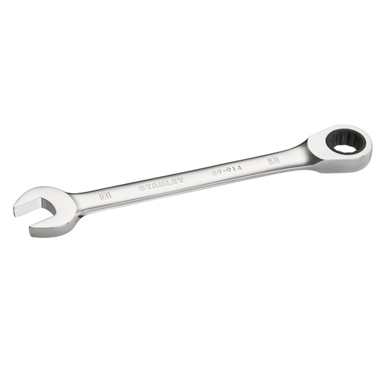 Photo of STANLEY STMT89914-0 combination wrench, chrome finish, open-end and ratcheting box end, angled on white background.