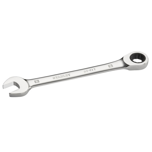 Photo of STANLEY STMT89917-0 combination wrench, chrome finish, showing open and ring ends, angled on white background.