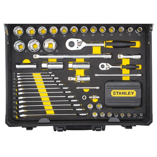 STANLEY STMT98109-1 socket and wrench set with ratchets, sockets, extensions, and accessories in organized case, top view.