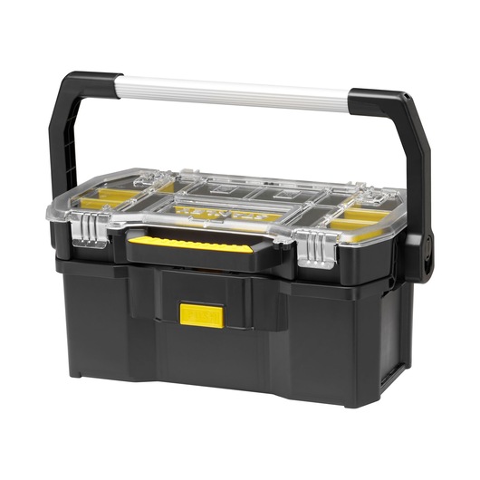 Black Stanley toolbox with clear lid, yellow latches, and sturdy handle for easy carrying and organizing tools.