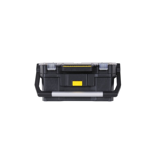 STANLEY STST1-70317 black tool box with clear lid, yellow latch, front view on white background.