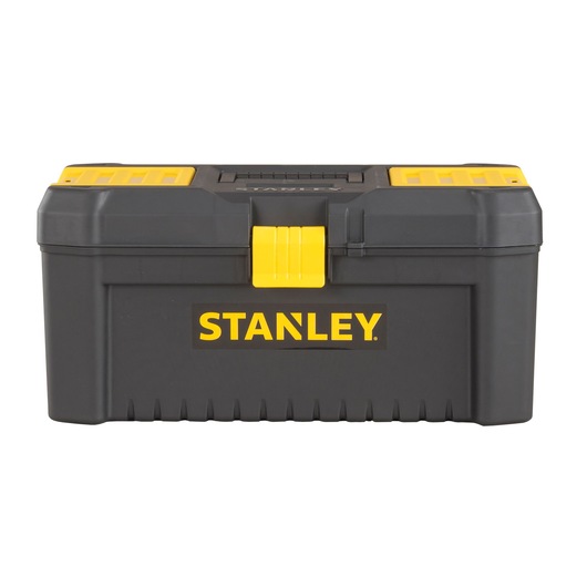 Stanley black toolbox with yellow accents and handle, suitable for organizing and storing tools.