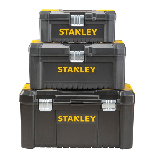 STANLEY STST1-75518-KR set of three black plastic toolboxes with yellow accents, stacked, front view.