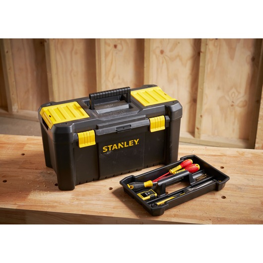 Photo of STANLEY STST1-75520 black and yellow toolbox with removable tray and assorted hand tools.