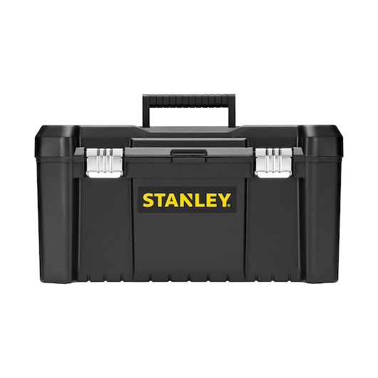 STANLEY STST1-75521 black plastic toolbox with metal latches, front angle, white background.