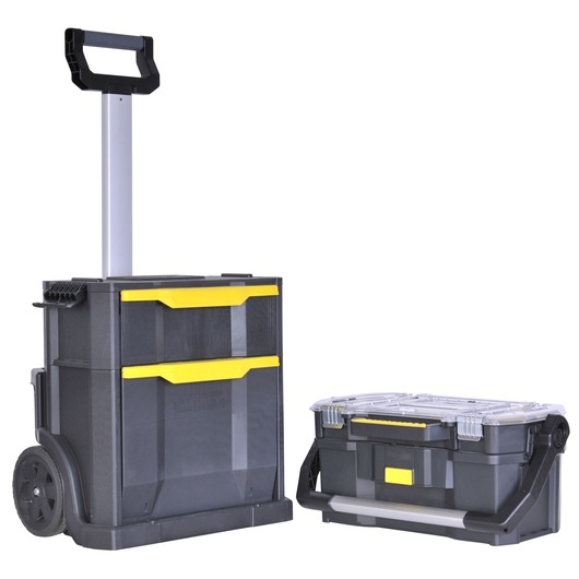 Stanley rolling toolbox with two drawers and a detachable storage case, both in black with yellow accents.
