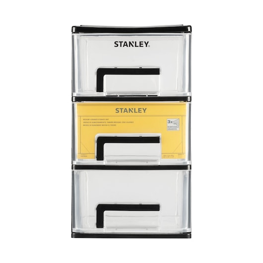 STANLEY STST40711-1 medium storage drawers unit, clear plastic, black trim, front angle.