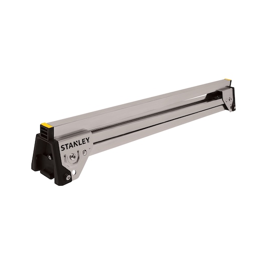 Photo of STANLEY STST81337-1 aluminum cutting guide with black end caps, angled on white background.