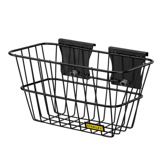 Stanley STST82603-1 black metal wire basket, front angle, storage accessory, yellow Stanley logo.