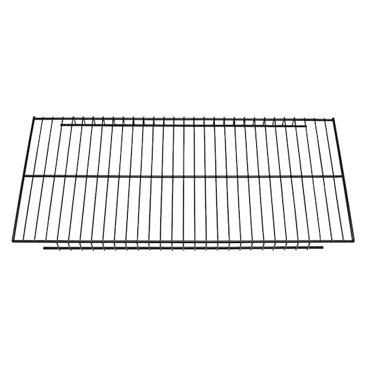Black metal wire shelf with rectangular shape and parallel bars for storage or organization.