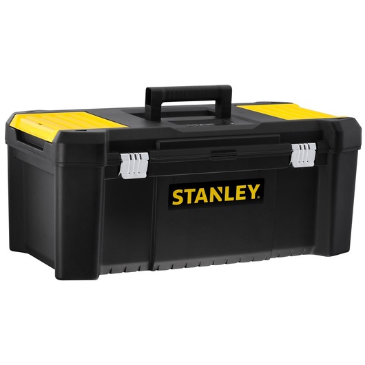 STANLEY STST82976-1 black and yellow toolbox, front angle, sturdy plastic with handle and latches.