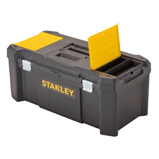 STANLEY STST82976-1 black and yellow tool box, angled view, with open compartment lid.
